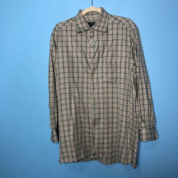 Ermenegildo Zegna Shirt Mens Medium Green Pink Blue Plaid Button Front Cotton - Picture 1 of 8